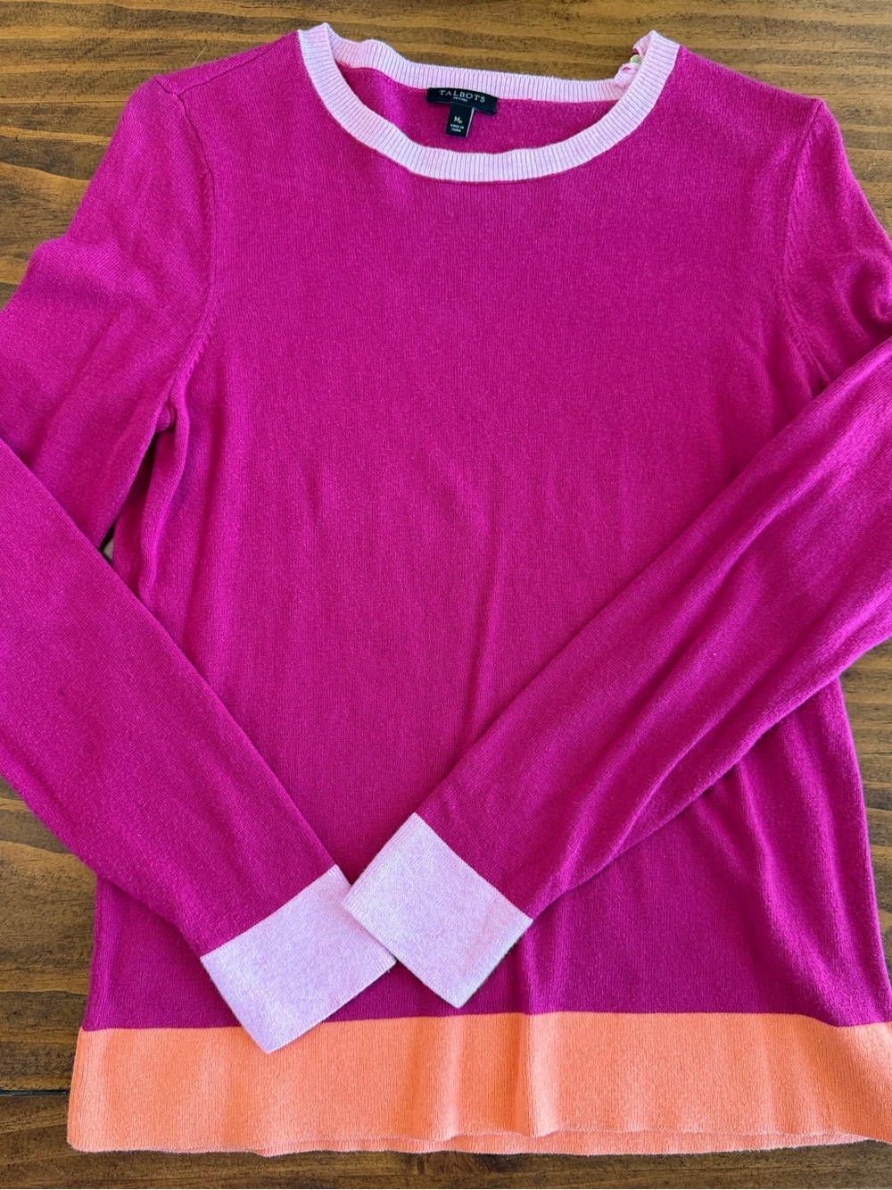 Talbots MPFuchsia Colorblock Crewneck Sweater with Pink Trim and Peach Hem